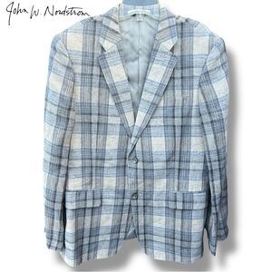 Linen Plaid John W Nordstrom Italian Sports Coat Blazer Blue Gray Madras | 42R
